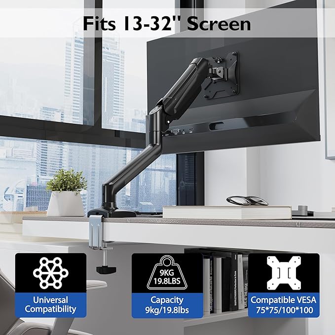 BONTEC Soporte Monitor de Escritorio, Brazo Monitor Ergonómico con Resorte de Gas, para Pantallas 13-32", Inclinación, Giro, Rotación 360°, VESA 75/100 mm, hasta 9 kg, Montaje con Abrazadera y Ojal