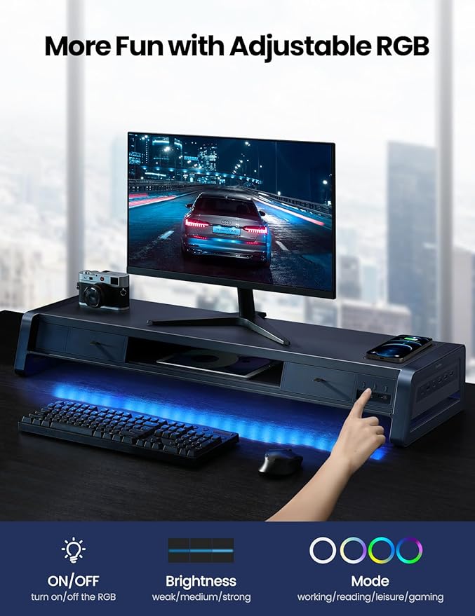 Vaydeer Soporte elevador de monitor dual todo en uno con 2 cajones, 8 puertos USB (4 de carga rápida, 4 para transferencia de datos), almohadilla de carga inalámbrica y tira de luz LED, organizador de