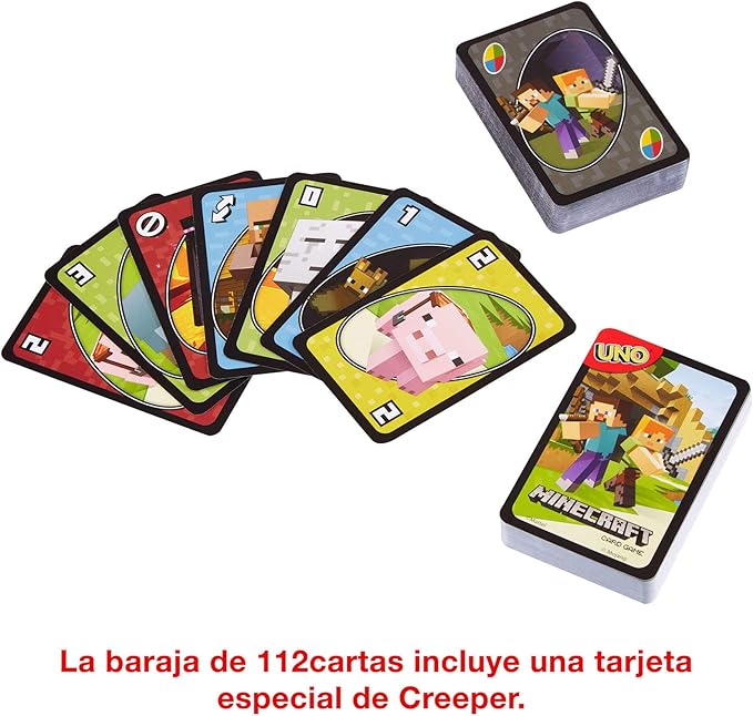 Mattel Games, Juego de Cartas UNO Minecraft, Juego de Mesa para niños a Partir de 7 años (Mattel FPD61)