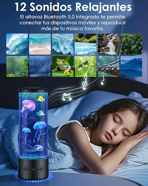 Juspota Lampara Medusa con 12 Ruidos Blancos & Altavoz Bluetooth, Jellyfish Lamp con 10 Colores & Telemando para Niños y Adultos, Lampara Medusa Movimiento Relajación, Decoración, Negro 
