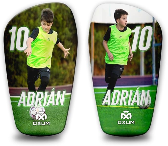 Oxum Sport - Espinilleras de Fútbol Personalizadas para Niños y Adultos - Personaliza con tu Foto, Número y Nombre. Bolsita para espinilleras de Regalo- Gama One